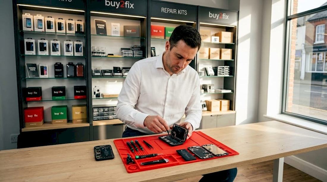 Technician repairing phone at organized workbench