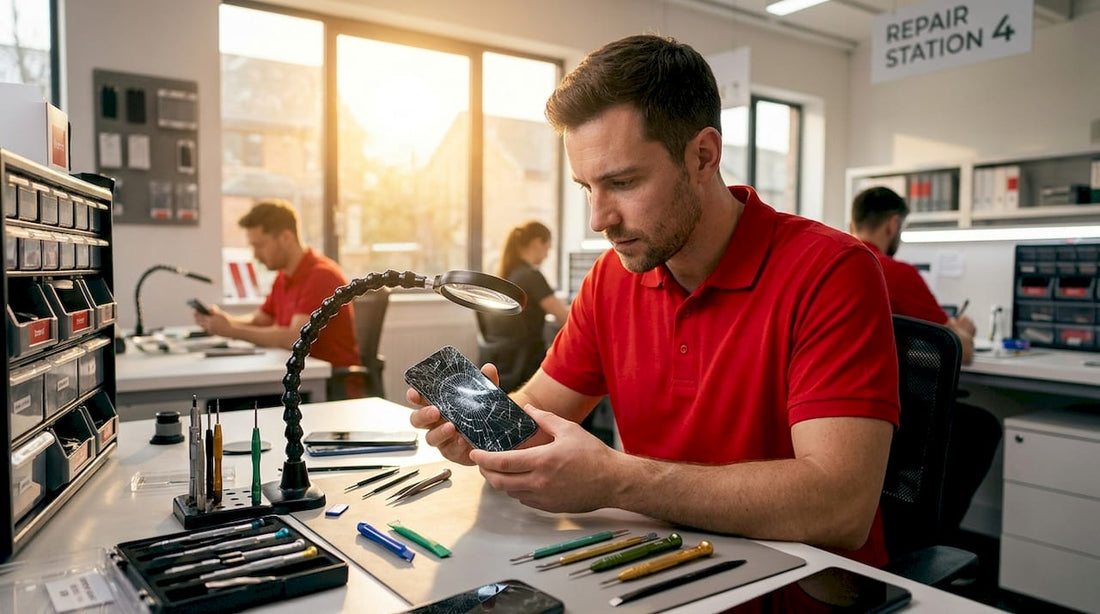 Technician inspecting cracked smartphone screen