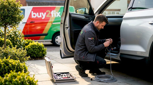 Mobile car audio installer working on SUV in driveway