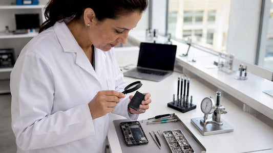 Technician inspecting an OEM phone battery at repair bench