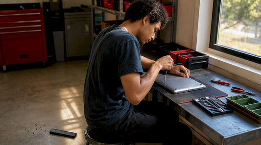 Person unscrewing laptop battery panel