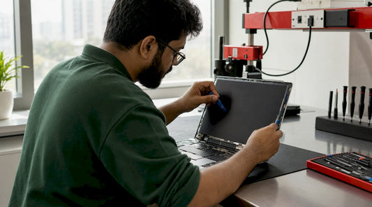 Technician inspecting LED LCD laptop screen