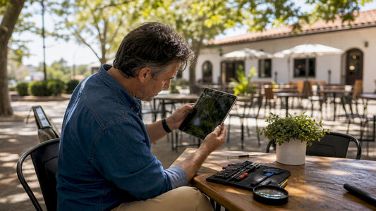 Man examining cracked iPad screen at kitchen table