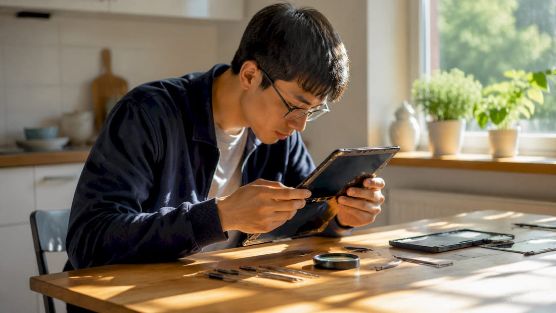 Tech enthusiast examining IPS LCD screen up close