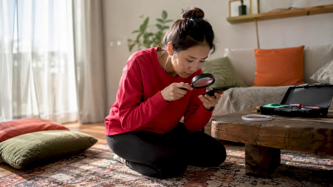 Woman inspecting phone charger port at home