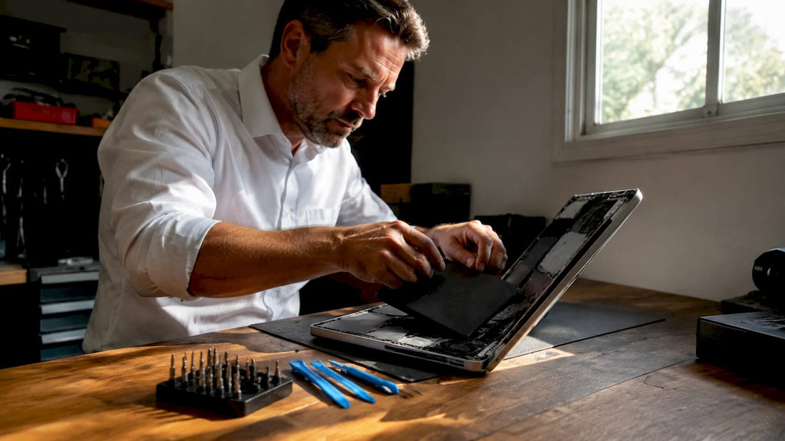 Technician replacing laptop battery at home workshop