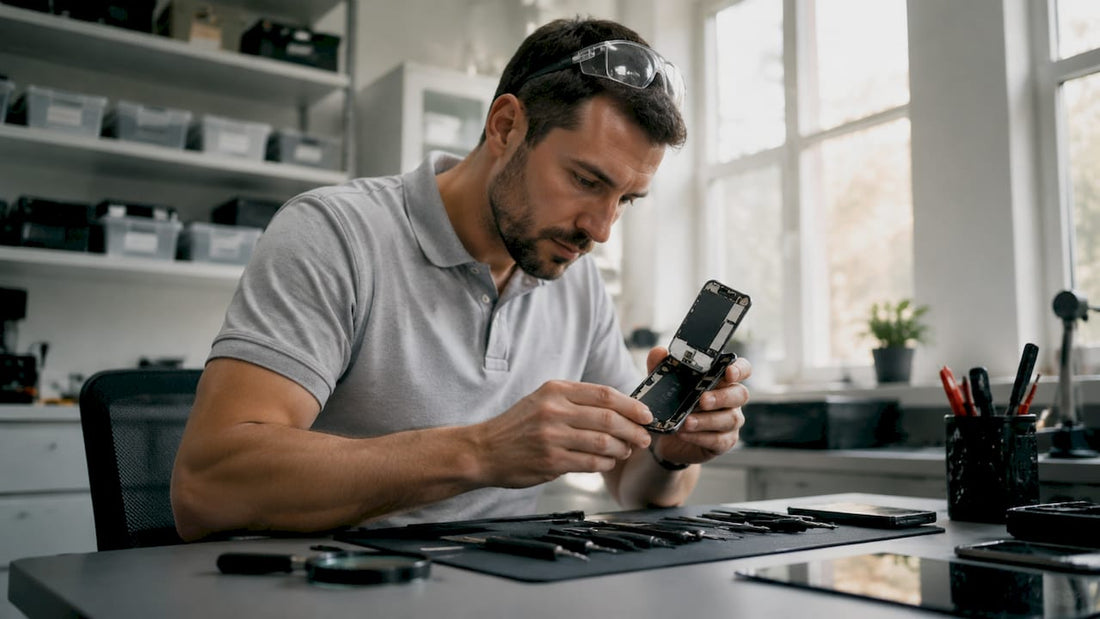 Technician examining faulty smartphone LCD screen
