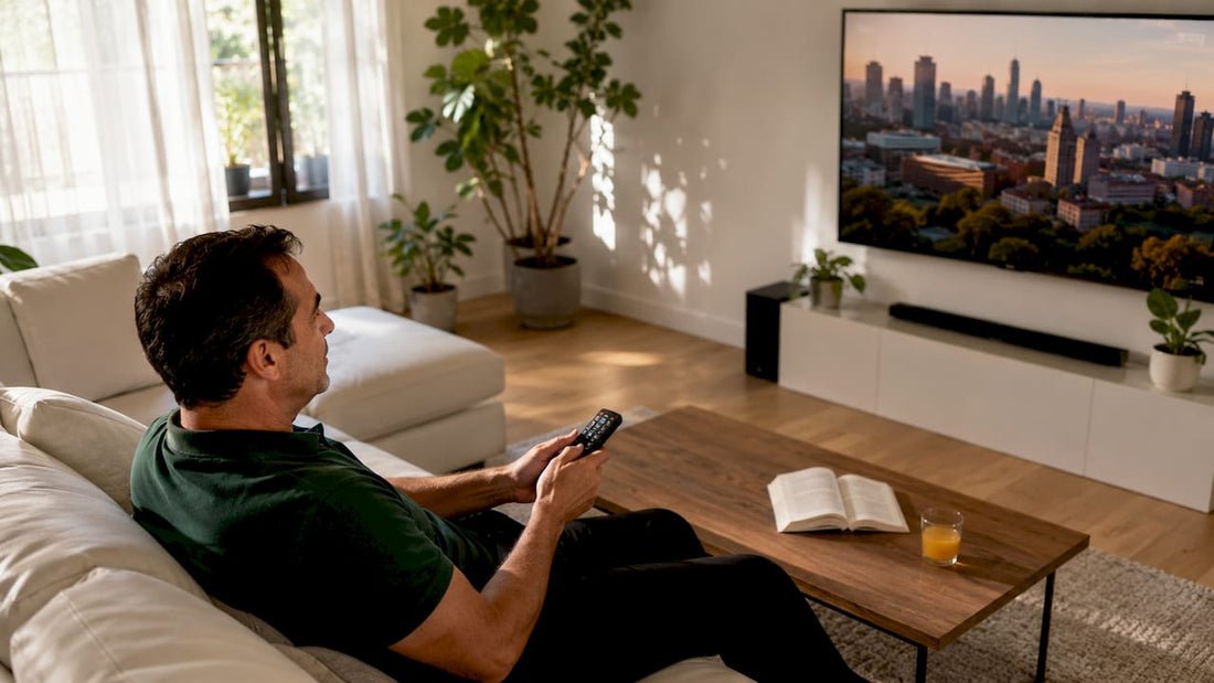 Man watching an LCD television in living room