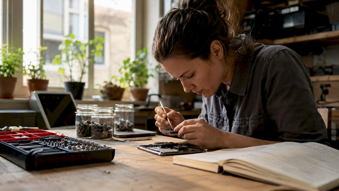 Technician examining smartphone repair part