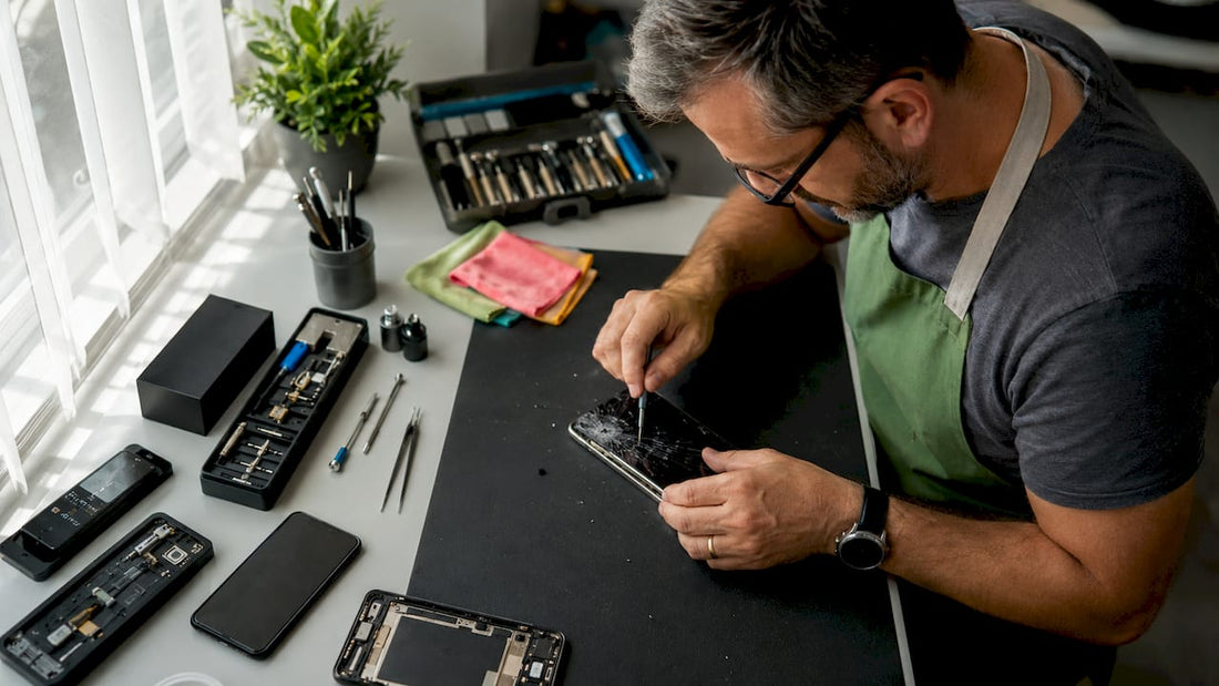 Technician repairing smartphone screen at workbench