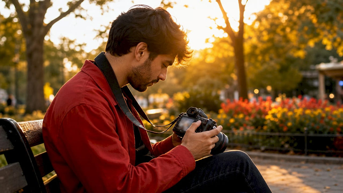 Photographer adjusting DSLR camera with LCD screen outdoors