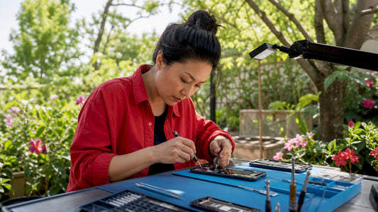 Technician repairing smartphone at workbench
