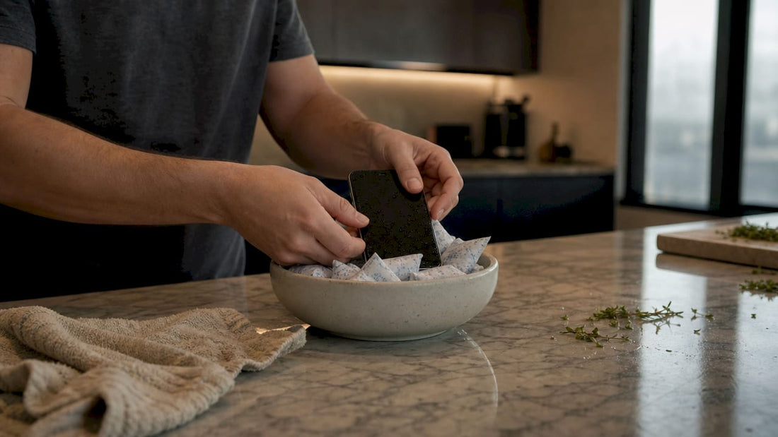 Hands drying wet smartphone with silica gel