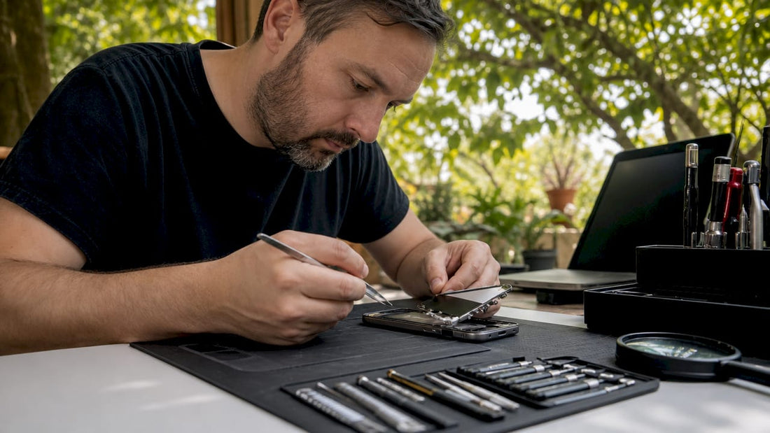 Technician repairing smartphone screen at workstation