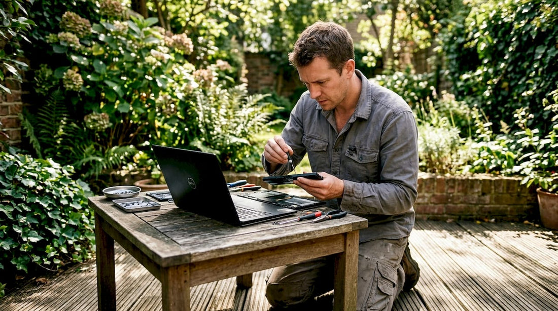 Technician repairing laptop battery on desk