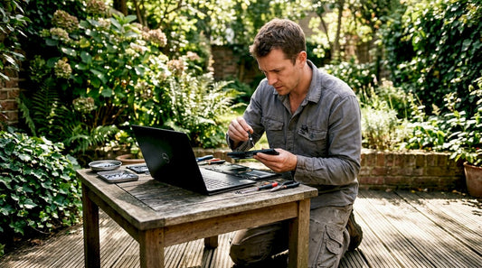 Technician repairing laptop battery on desk