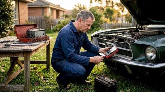 Man testing car battery in garage