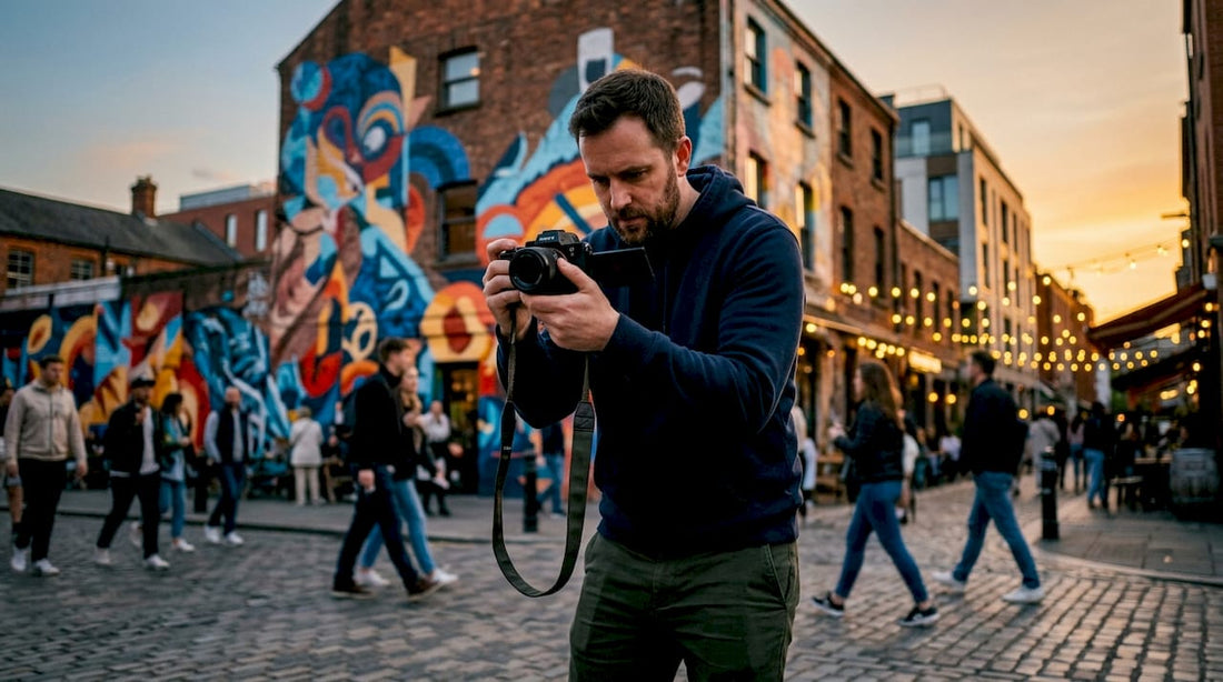 Photographer examining camera LCD screen outdoors