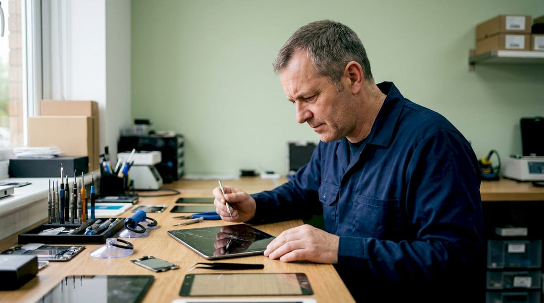 Technician inspecting cracked iPad screen at repair shop