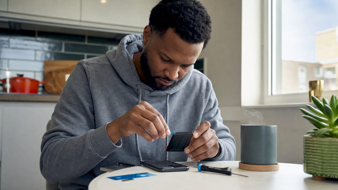 Man preparing phone battery replacement kit