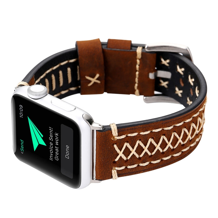 For Apple Watch Series 10 42mm / 9&8&7 41mm / SE 3&SE 2&6&SE&5&4 40mm / 3&2&1 38mm Manual Line Pattern Genuine Leather Wrist Watch Band(Coffee) by buy2fix