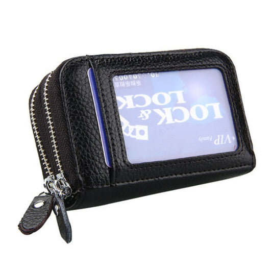 Genuine Leather Dual Layer Zipper Card Holder Wallet RFID Blocking Purse, Size: 10.5x7.0x4.0cm(Black) - Antimagnetic RFID Package by buy2fix | Online Shopping UK | buy2fix