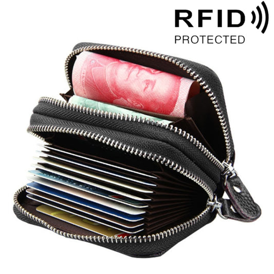 Genuine Leather Dual Layer Zipper Card Holder Wallet RFID Blocking Purse, Size: 10.5x7.0x4.0cm(Coffee) - Antimagnetic RFID Package by buy2fix | Online Shopping UK | buy2fix