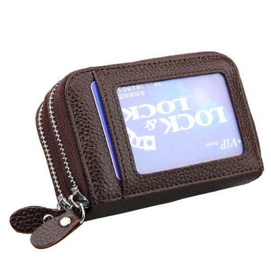 Genuine Leather Dual Layer Zipper Card Holder Wallet RFID Blocking Purse, Size: 10.5x7.0x4.0cm(Coffee) - Antimagnetic RFID Package by buy2fix | Online Shopping UK | buy2fix