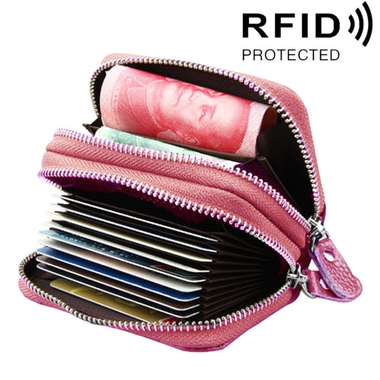 Genuine Leather Dual Layer Zipper Card Holder Wallet RFID Blocking Purse, Size: 10.5x7.0x4.0cm(Pink) - Antimagnetic RFID Package by buy2fix | Online Shopping UK | buy2fix