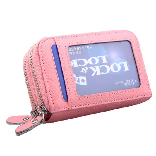 Genuine Leather Dual Layer Zipper Card Holder Wallet RFID Blocking Purse, Size: 10.5x7.0x4.0cm(Pink) by buy2fix
