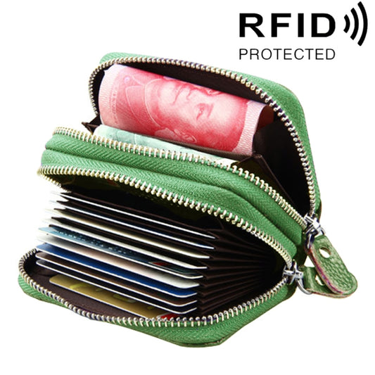 Genuine Leather Dual Layer Zipper Card Holder Wallet RFID Blocking Purse, Size: 10.5x7.0x4.0cm(Green) - Antimagnetic RFID Package by buy2fix | Online Shopping UK | buy2fix