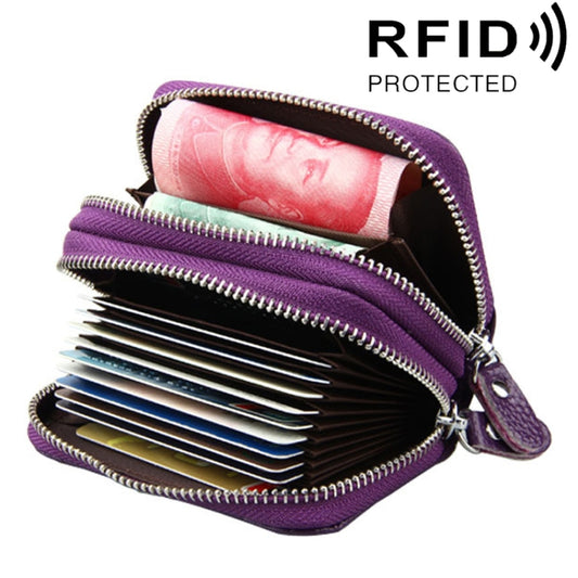 Genuine Leather Dual Layer Zipper Card Holder Wallet RFID Blocking Purse, Size: 10.5x7.0x4.0cm(Purple) - Antimagnetic RFID Package by buy2fix | Online Shopping UK | buy2fix