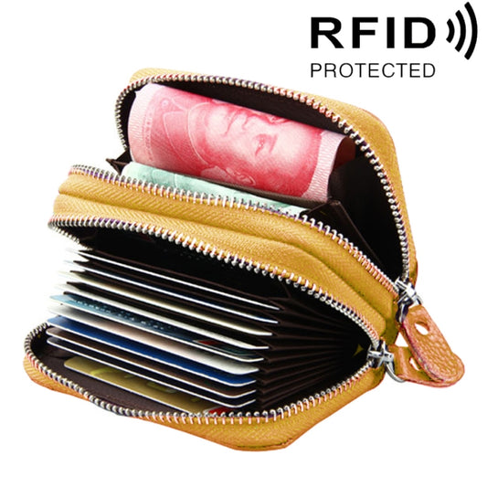 Genuine Leather Dual Layer Zipper Card Holder Wallet RFID Blocking Purse, Size: 10.5x7.0x4.0cm(Yellow) - Antimagnetic RFID Package by buy2fix | Online Shopping UK | buy2fix