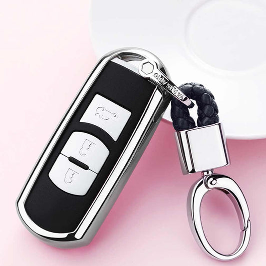 Electroplating TPU Single-shell Car Key Case with Key Ring for Mazda 3 AXELA / CX-8 / CX-5 / CX-4 / 6 ATENZA (Silver) by buy2fix
