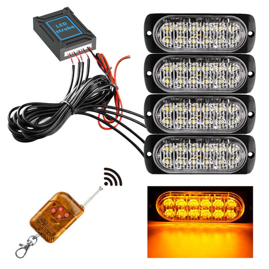 DC12V-24V / 18W 4 in 1 Front Grille Emergency Strobe Flash Warning Light Pickup 12LEDs Side Light Wireless Control 16 Modes (Yellow Light)