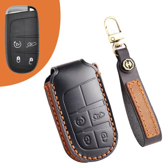 Hallmo Car Genuine Leather Key Protective Cover for Jeep Compass 4-button(Black)