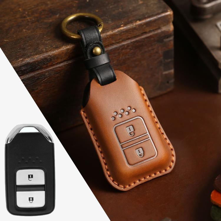 For Honda Car Cowhide Leather Key Protective Cover Key Case, Two Keys Version (Brown) by buy2fix