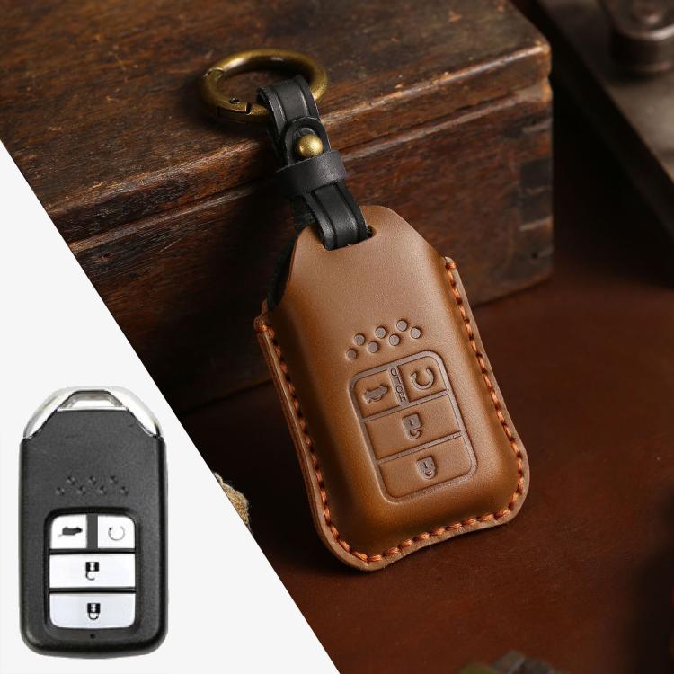 For Honda Car Cowhide Leather Key Protective Cover Key Case, Four Keys Version (Brown) by buy2fix