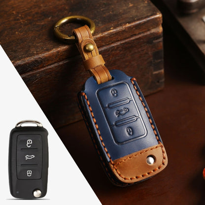 For Volkswagen Car Cowhide Leather Key Protective Cover Key Case, D Version(Blue) by buy2fix