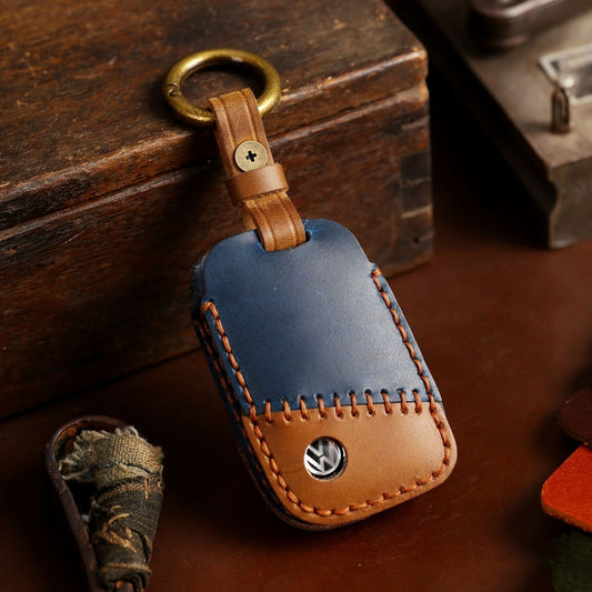 For Volkswagen Car Cowhide Leather Key Protective Cover Key Case, D Version(Blue) by buy2fix