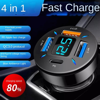 4 in 1 USB QC3.0 Digital Display Car Fast Charger - Car Charger by buy2fix | Online Shopping UK | buy2fix