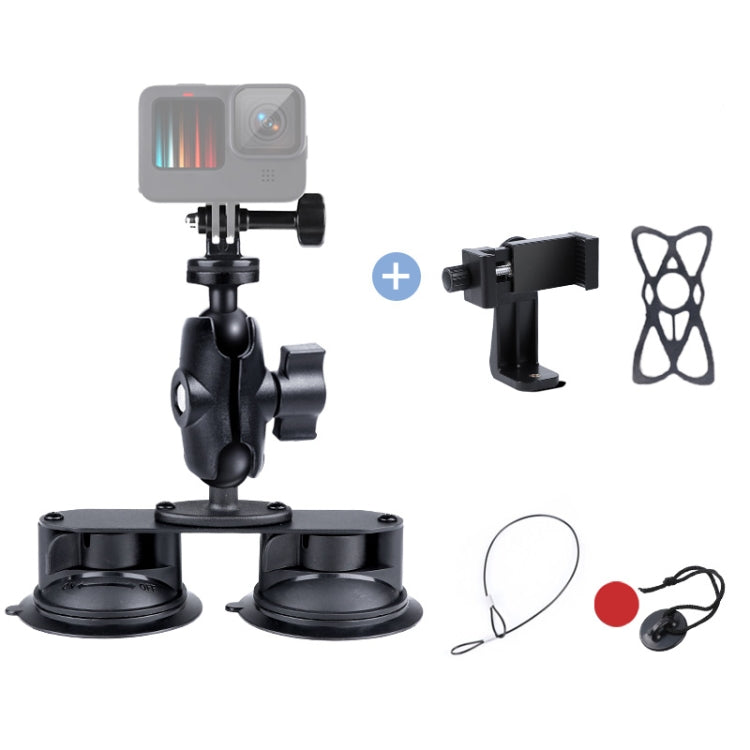 Dual Suction Cup Mount Holder with Tripod Adapter & Screw & Phone Clamp & Anti-lost Silicone Net for for GoPro, Insta360, DJI and Other Action Cameras, Smartphones(Black) - Holder by buy2fix | Online Shopping UK | buy2fix