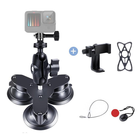 Triangle Suction Cup Mount Holder with Tripod Adapter & Screw & Phone Clamp & Anti-lost Silicone Net for for GoPro, Insta360, DJI and Other Action Cameras, Smartphones(Black) - Holder by buy2fix | Online Shopping UK | buy2fix