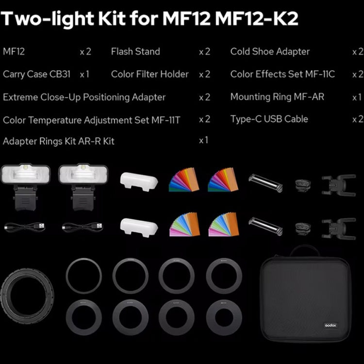 Godox MF12-K2 Macro Flash 2-Light Kit 2.4 GHz Wireless Control Light (Black) - Shoe Mount Flashes by Godox | Online Shopping UK | buy2fix