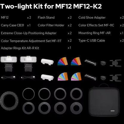 Godox MF12-K2 Macro Flash 2-Light Kit 2.4 GHz Wireless Control Light (Black) - Shoe Mount Flashes by Godox | Online Shopping UK | buy2fix