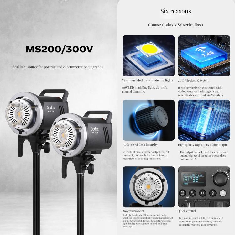 Godox MS300-V Studio Flash Light 300Ws Bowens Mount Strobe Light with Lamp Cover (EU Plug) - Shoe Mount Flashes by Godox | Online Shopping UK | buy2fix
