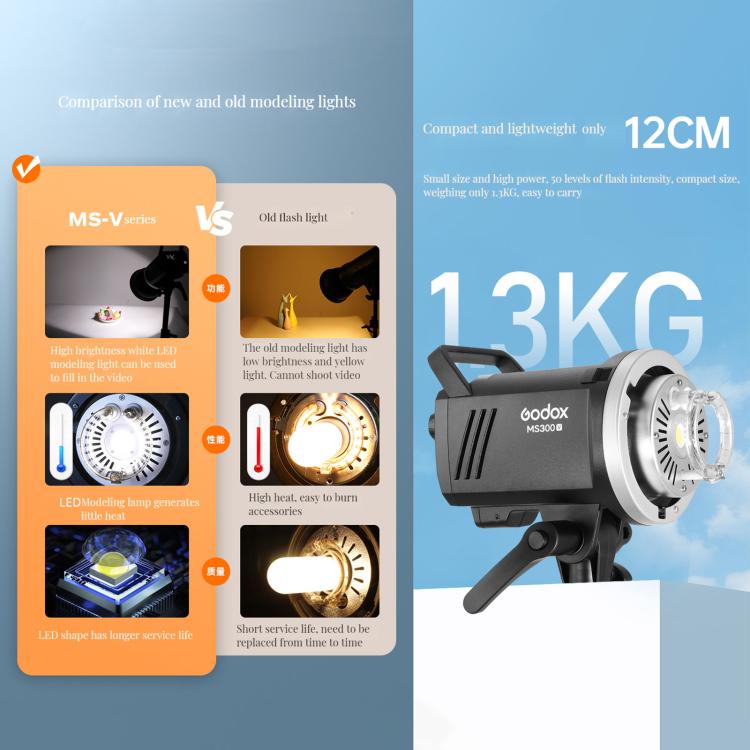 Godox MS200-V Studio Flash Light 200Ws Bowens Mount Strobe Light with Lamp Cover (EU Plug) - Shoe Mount Flashes by Godox | Online Shopping UK | buy2fix