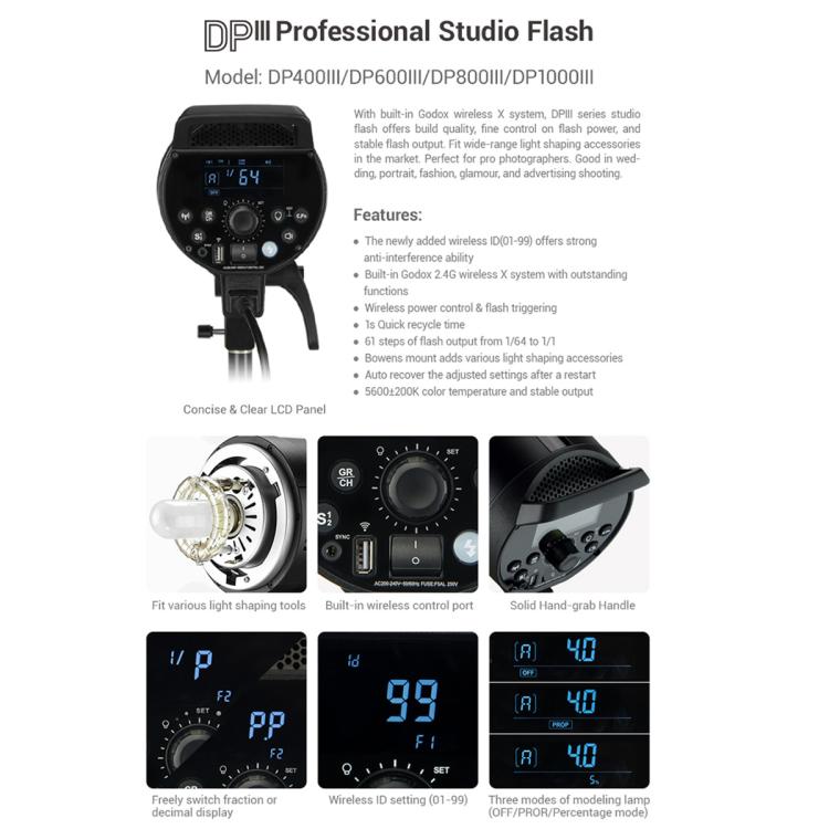 Godox DP400III Studio Flash Photo Light 400Ws 2.4G Wireless X System Bowens Mount Strobe Light, No Lamp Cover (AU Plug) - Shoe Mount Flashes by Godox | Online Shopping UK | buy2fix