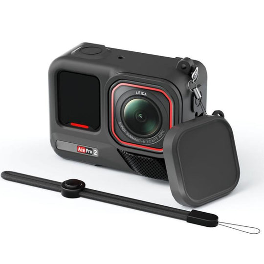 For Insta360 Ace Pro 2 Silicone Protective Case with Wrist Strap & Lens Cover (Black)