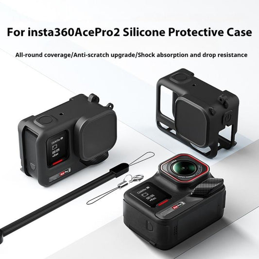 For Insta360 Ace Pro 2 Silicone Protective Case with Wrist Strap & Lens Cover (Black) - Case & Bags by buy2fix | Online Shopping UK | buy2fix